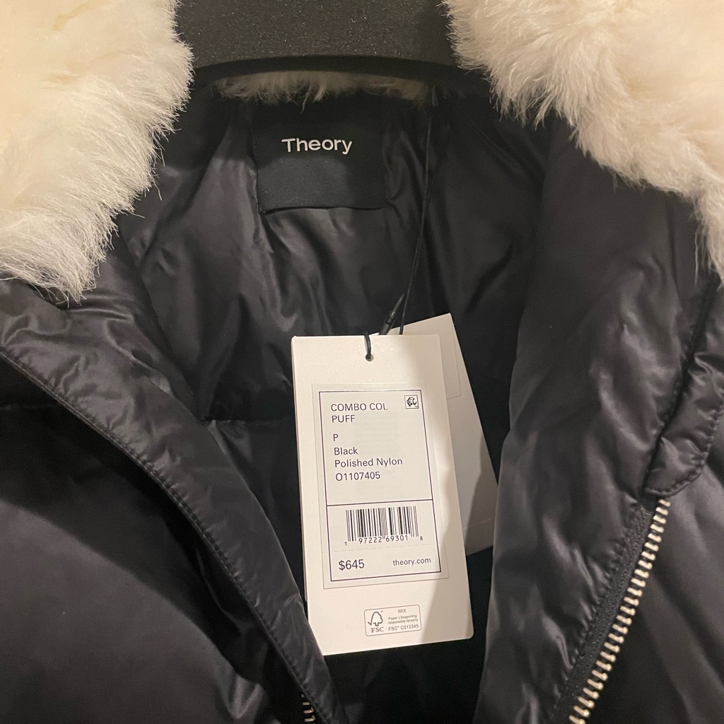 Theory Combo Collar Puffer Coat Black Faux Shearling | Size P | Nwt $645
